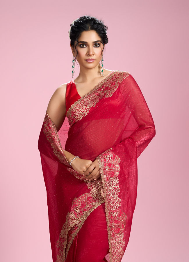 Mohey Women Lustrous Rani Pink Organza Saree