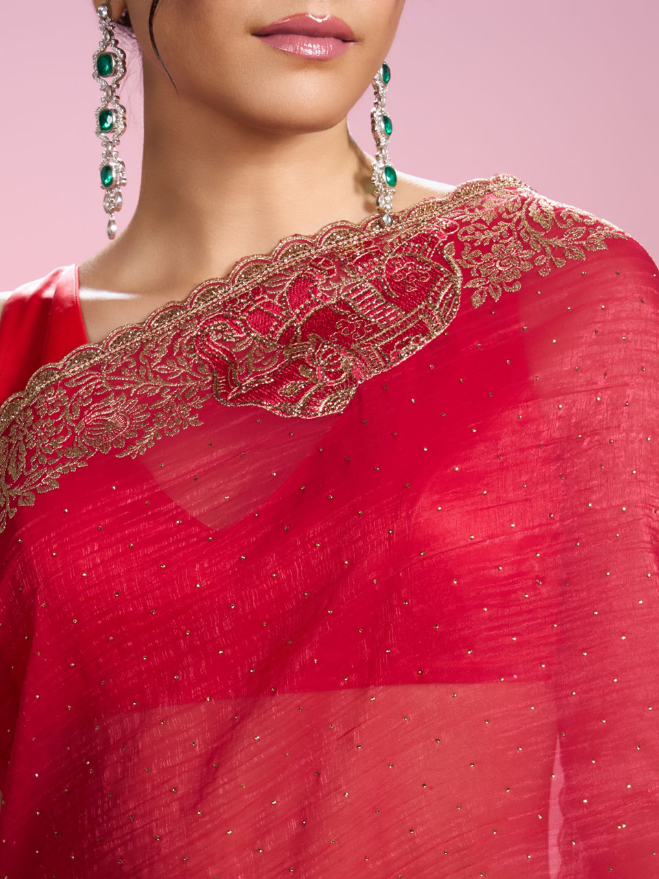 Mohey Women Lustrous Rani Pink Organza Saree