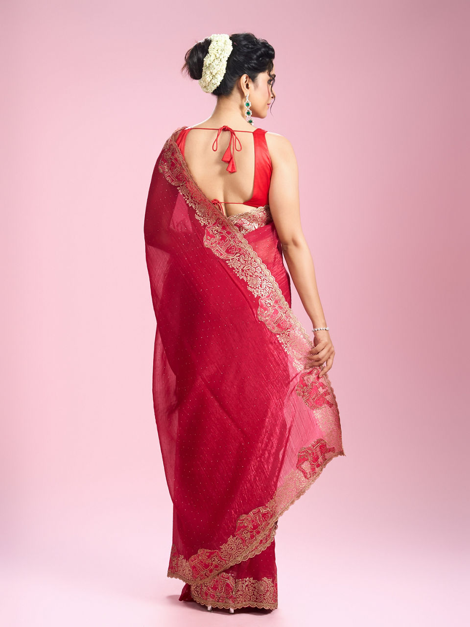 Mohey Women Lustrous Rani Pink Organza Saree