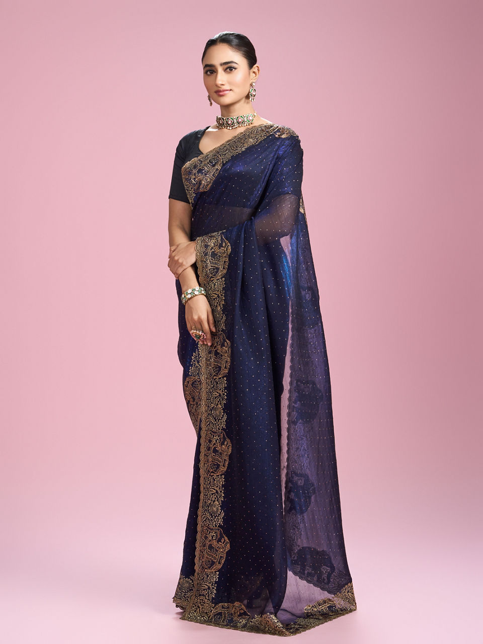 Mohey Women Indigo Blue Organza Saree