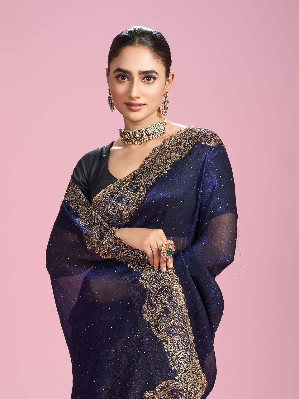 Mohey Women Indigo Blue Organza Saree