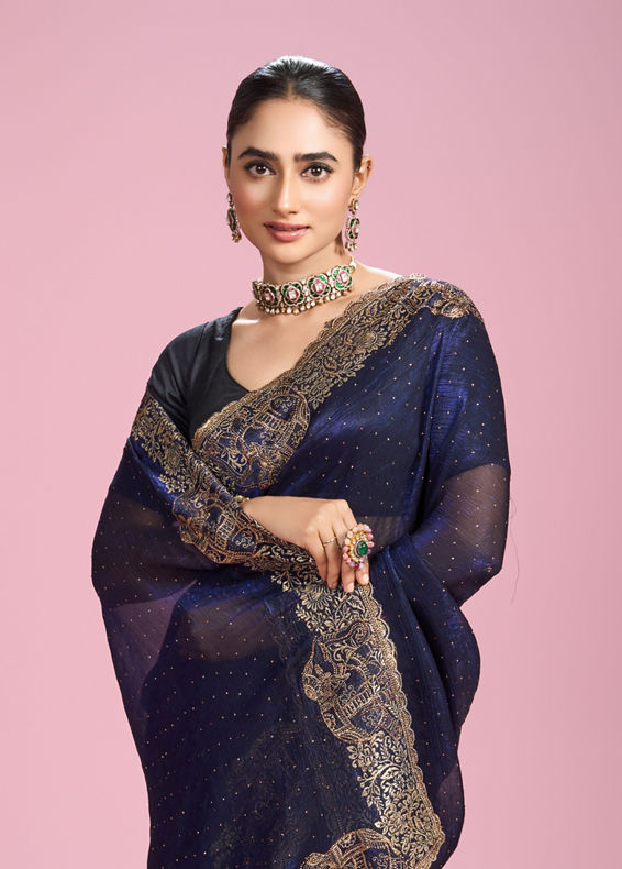 Mohey Women Indigo Blue Organza Saree
