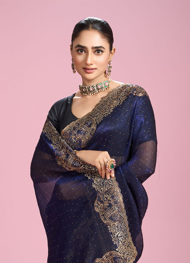 Mohey Women Indigo Blue Organza Saree