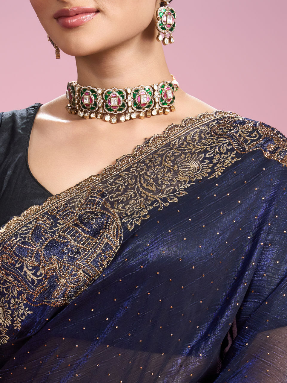 Mohey Women Indigo Blue Organza Saree