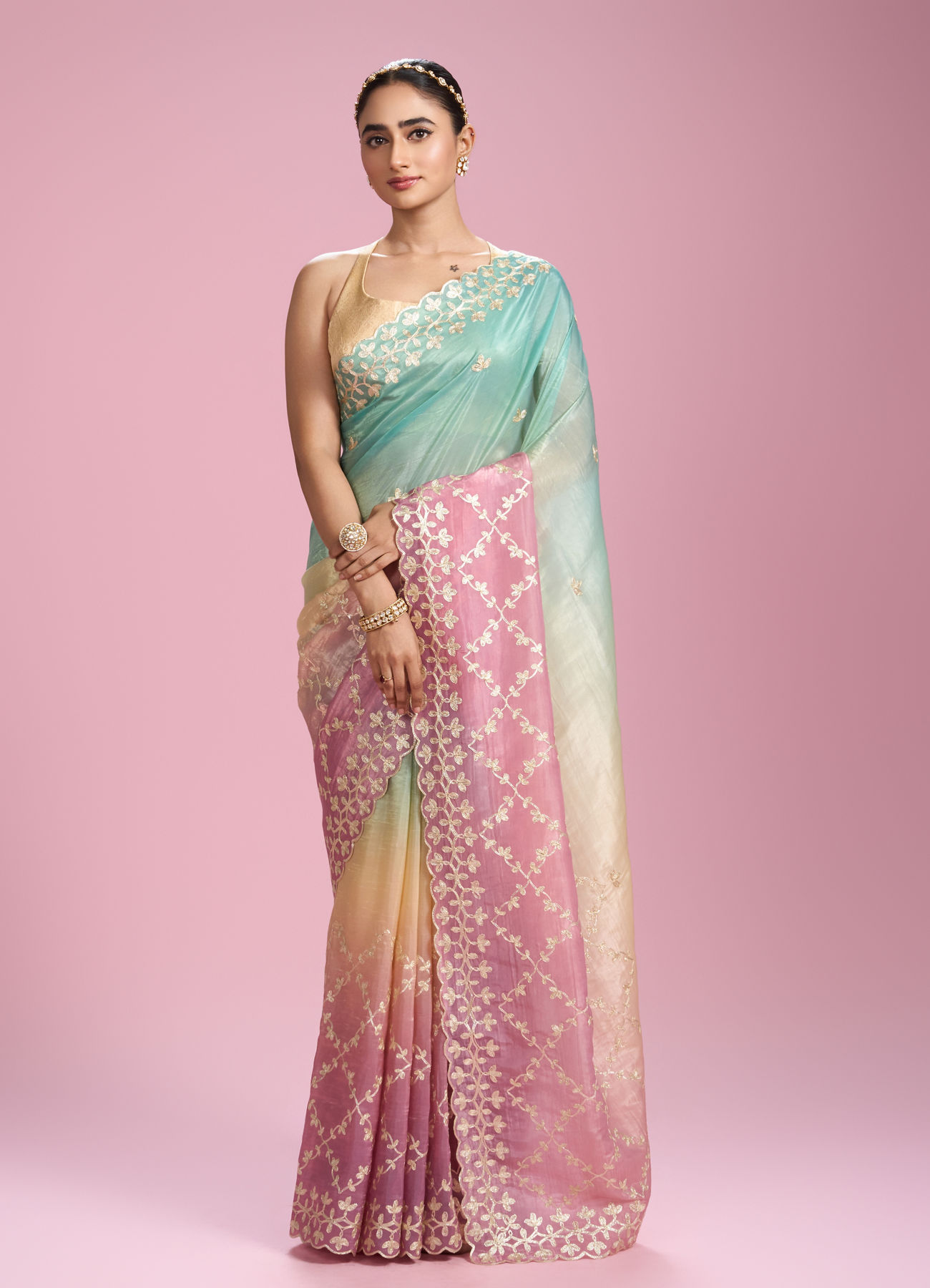 Mohey Women Pink Organza Splendour Saree