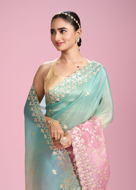 Mohey Women Pink Organza Splendour Saree