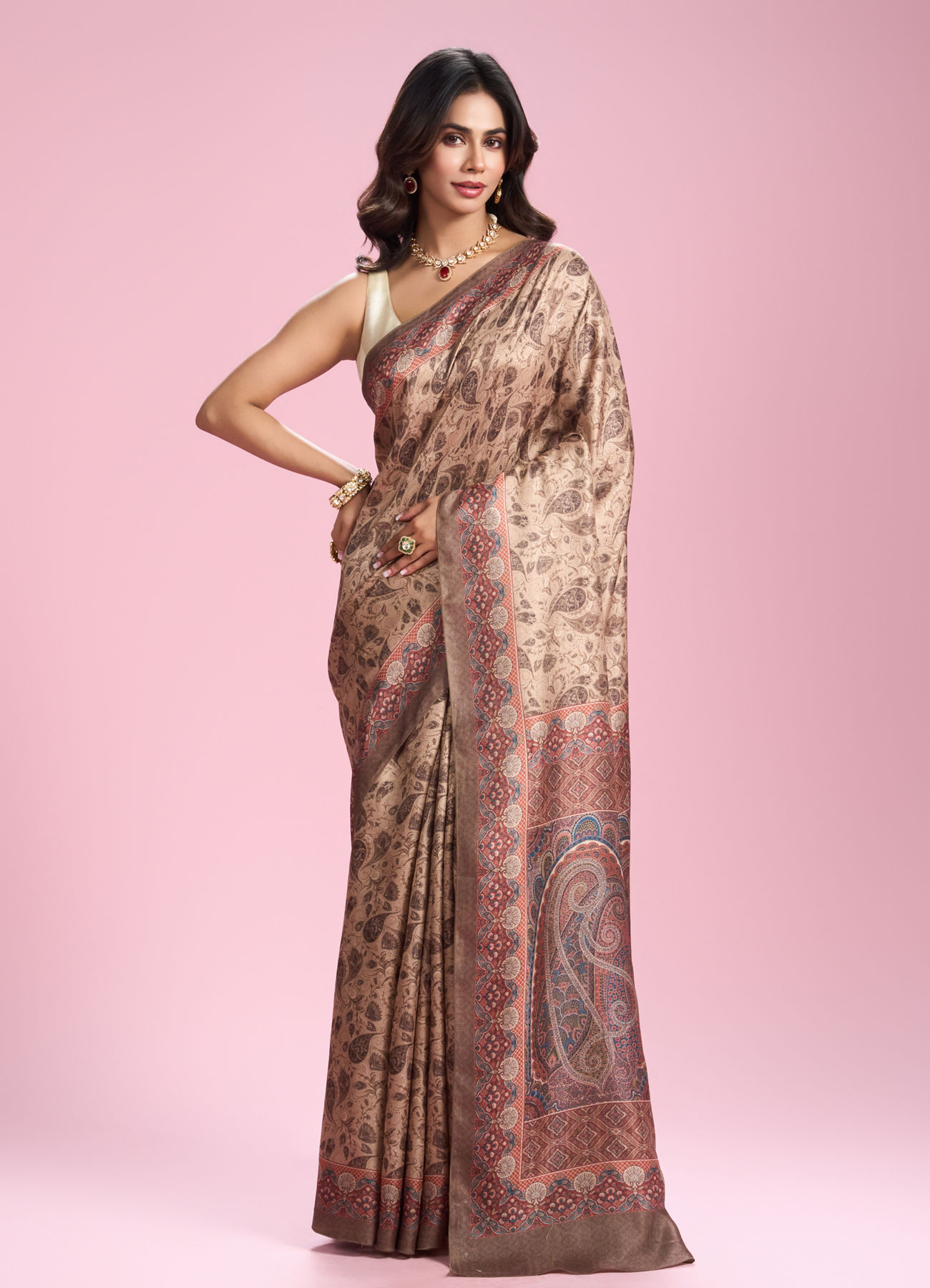 Mohey Women Beige Art Silk Saree