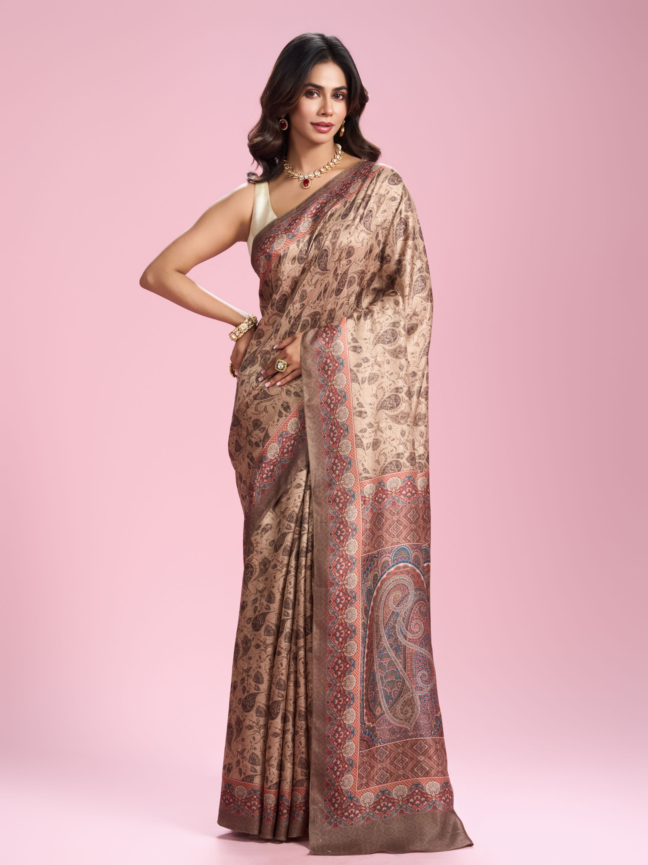 Mohey Women Beige Art Silk Saree