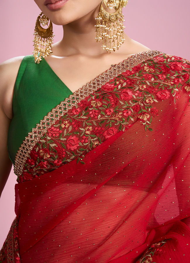 Mohey Women Radiant Red Chiffon Saree