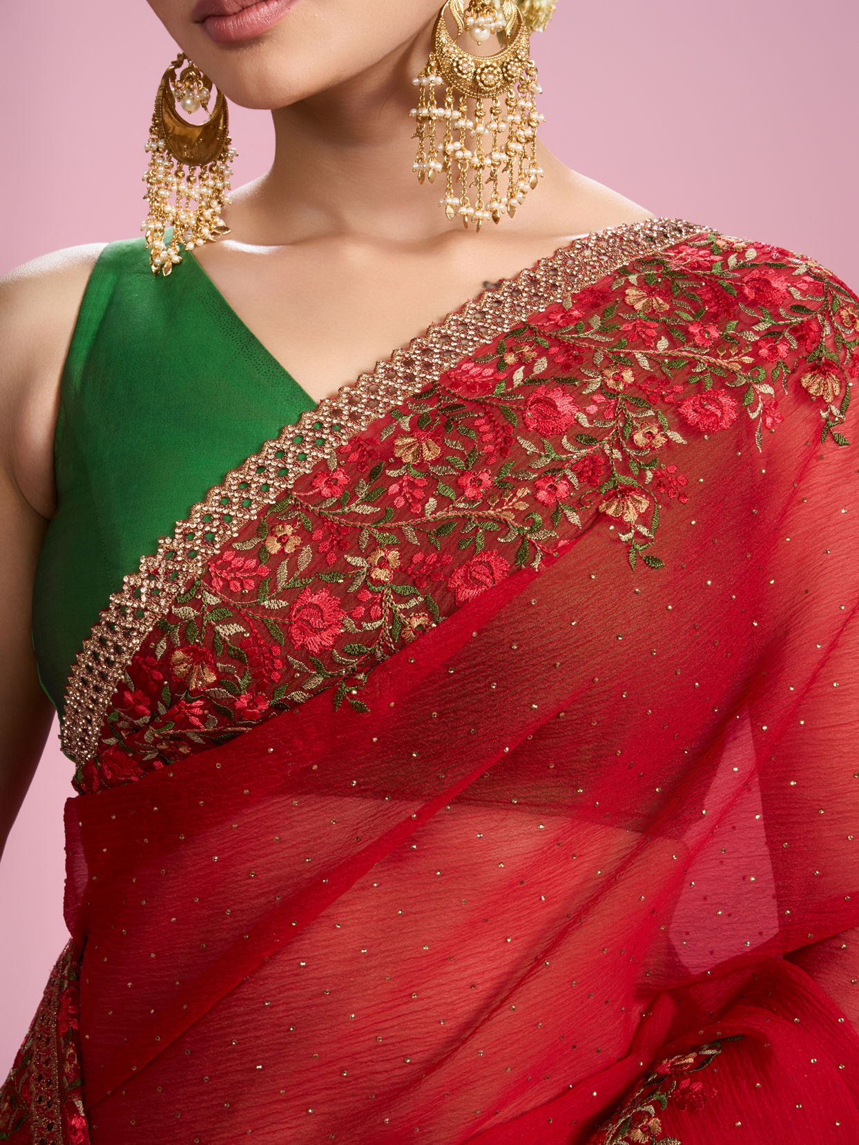 Mohey Women Radiant Red Chiffon Saree