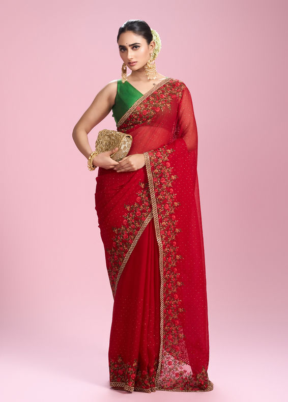 Mohey Women Radiant Red Chiffon Saree
