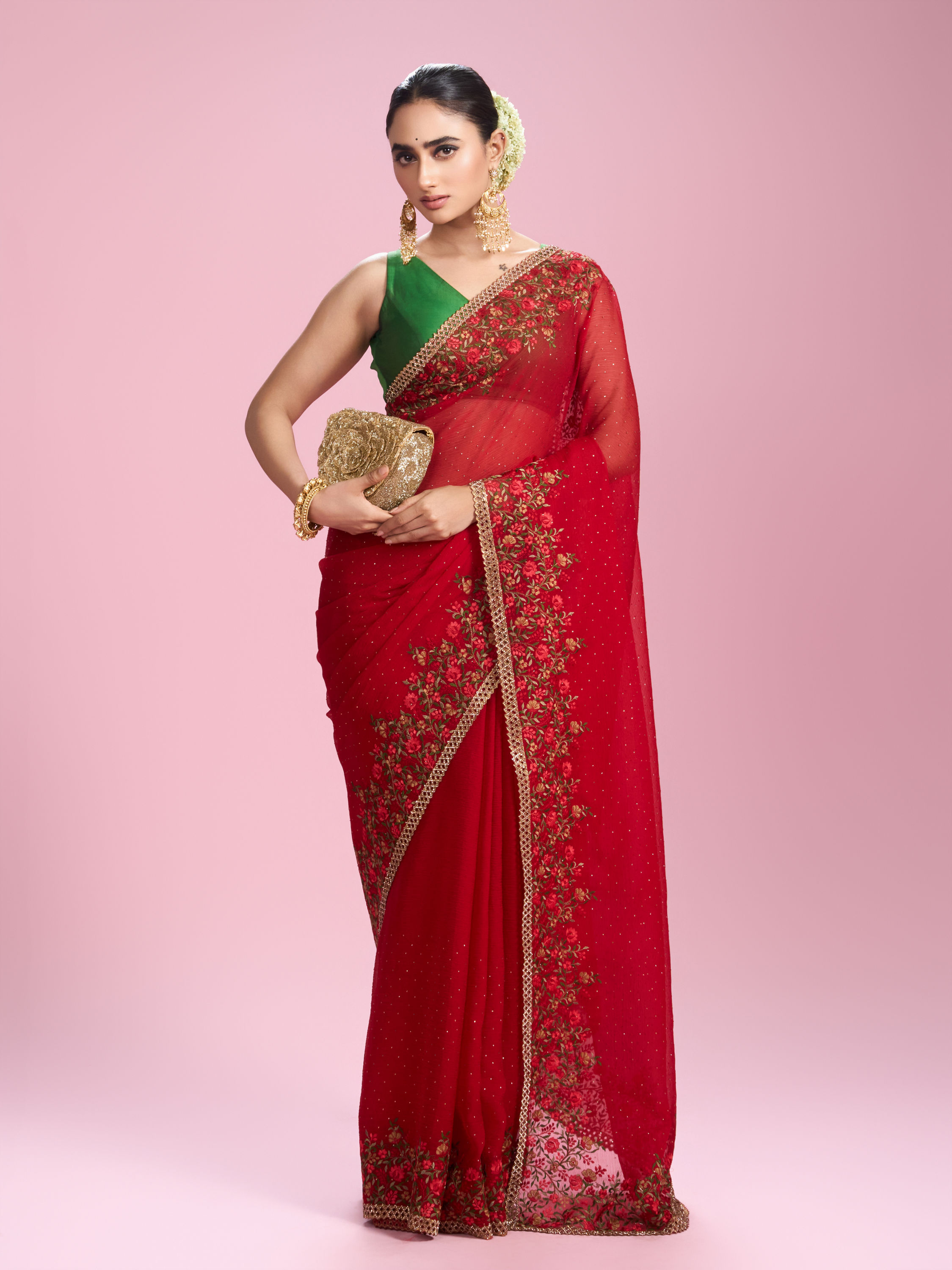 Mohey Women Radiant Red Chiffon Saree