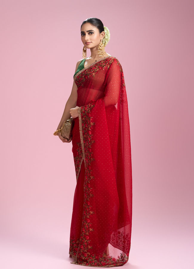 Mohey Women Radiant Red Chiffon Saree