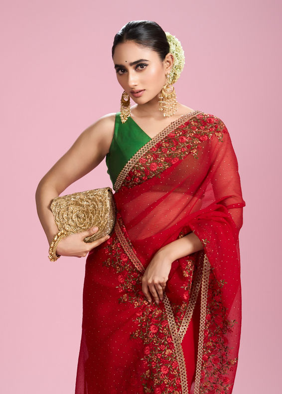 Mohey Women Radiant Red Chiffon Saree