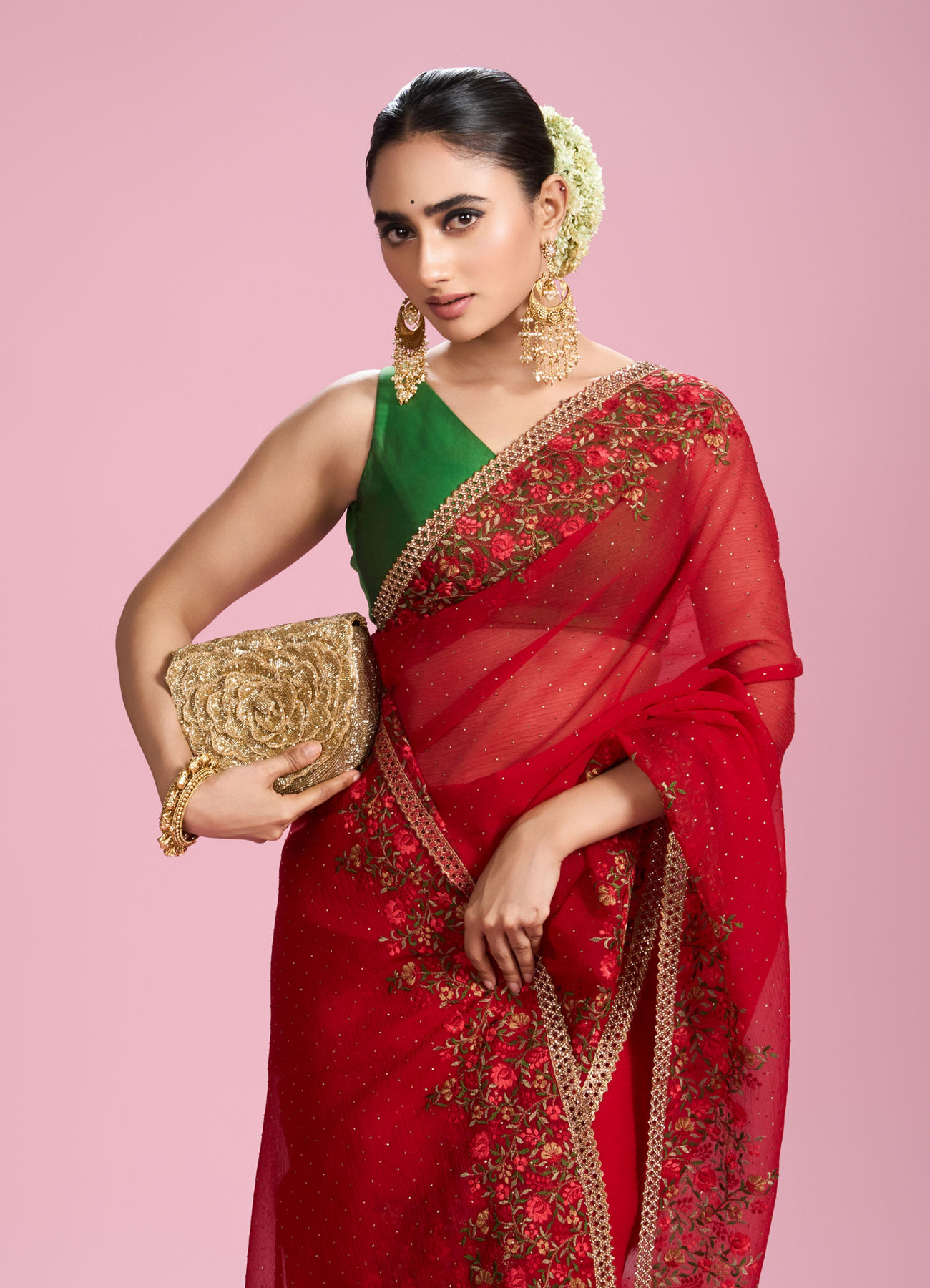 Mohey Women Radiant Red Chiffon Saree