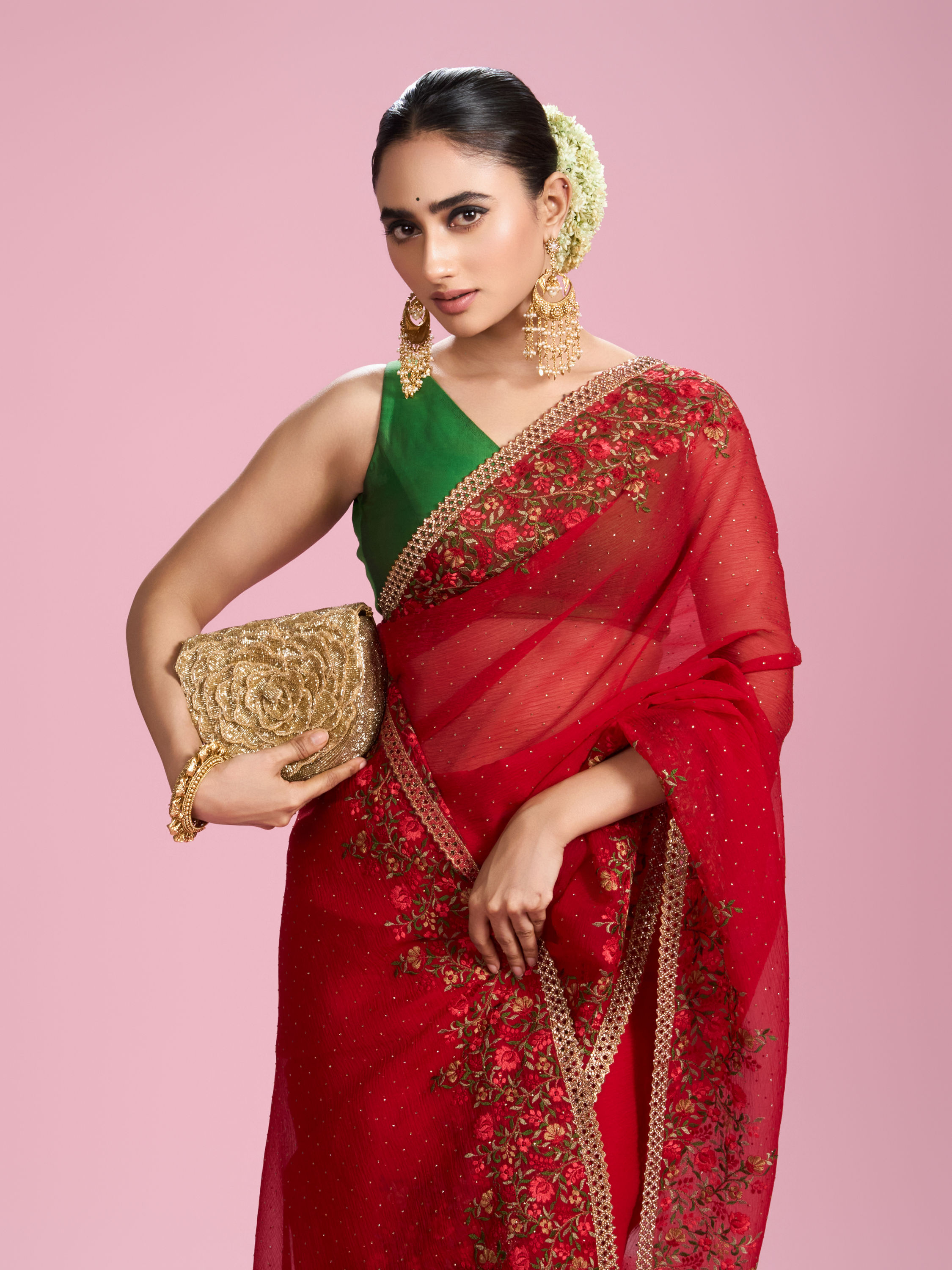 Mohey Women Radiant Red Chiffon Saree