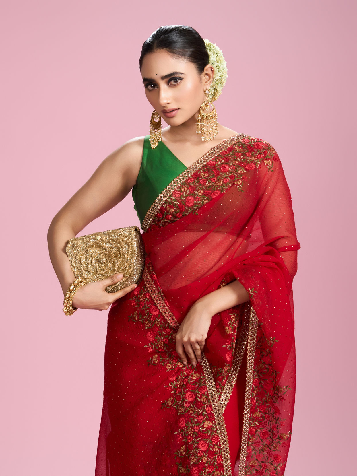 Mohey Women Radiant Red Chiffon Saree