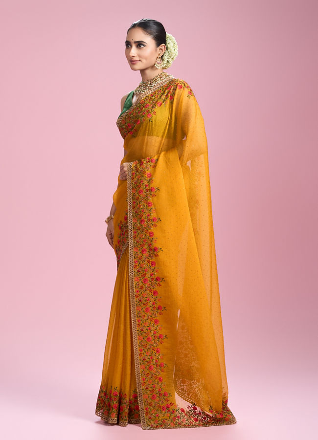 Mohey Women Mustard Yellow Chiffon Saga Saree