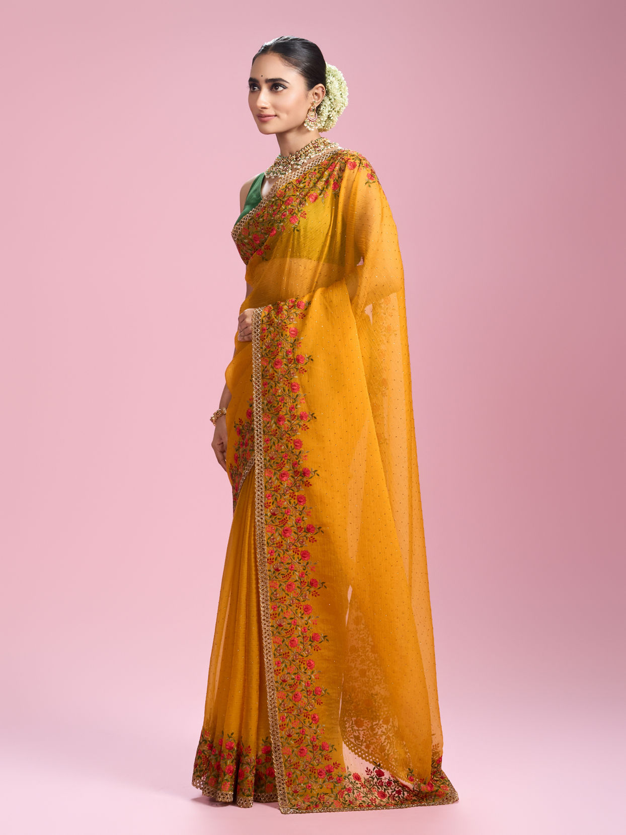 Mohey Women Mustard Yellow Chiffon Saga Saree
