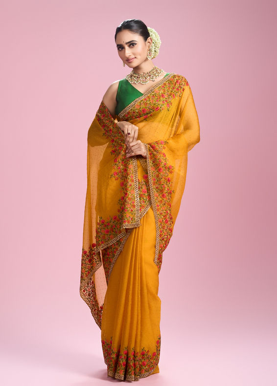 Mohey Women Mustard Yellow Chiffon Saga Saree