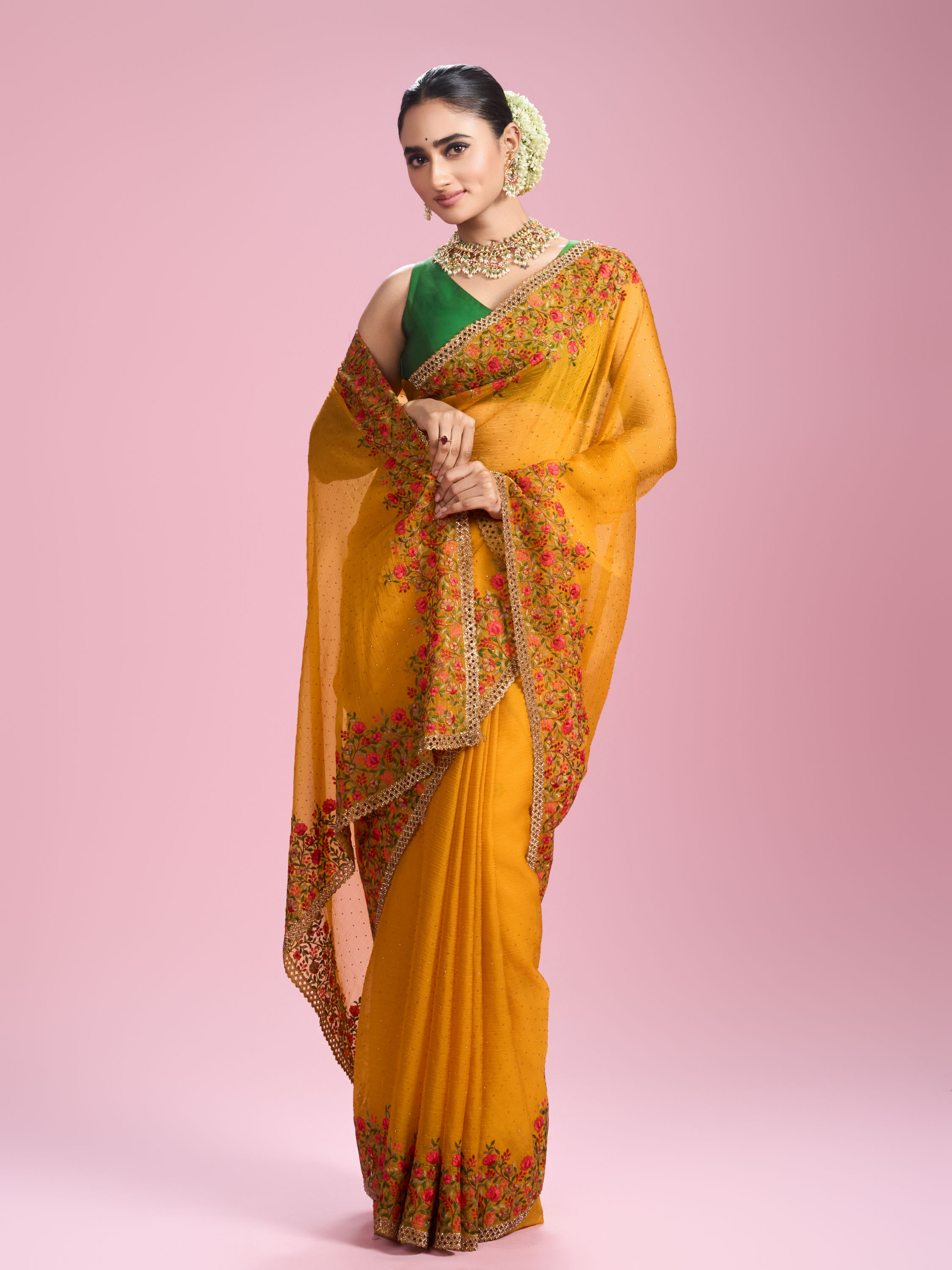 Mohey Women Mustard Yellow Chiffon Saga Saree
