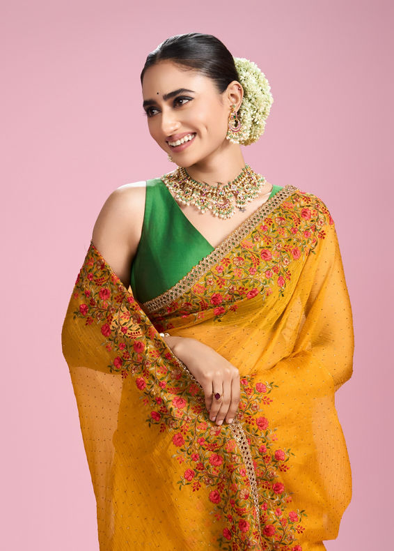Mohey Women Mustard Yellow Chiffon Saga Saree