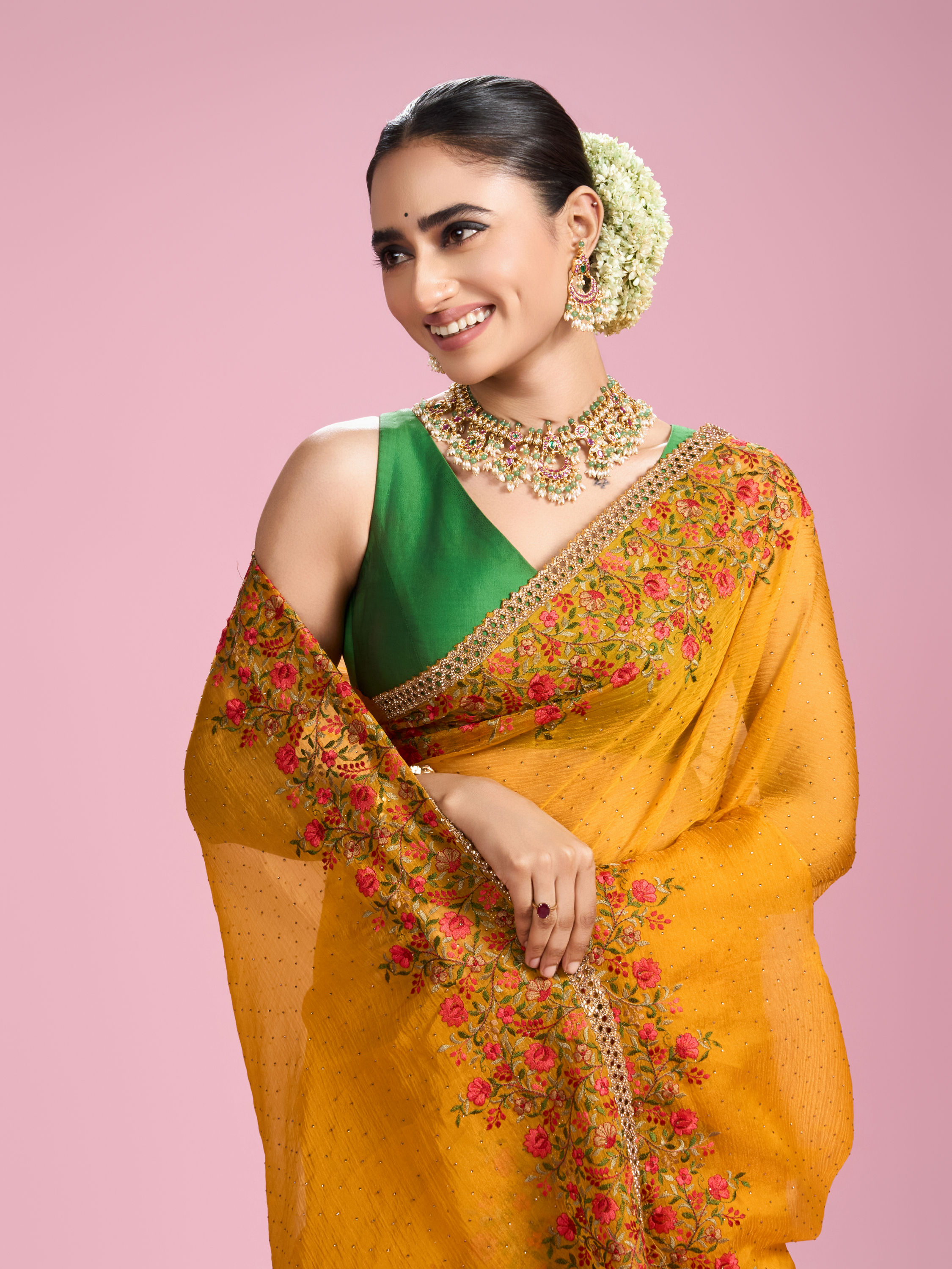 Mohey Women Mustard Yellow Chiffon Saga Saree