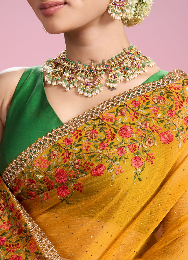 Mohey Women Mustard Yellow Chiffon Saga Saree