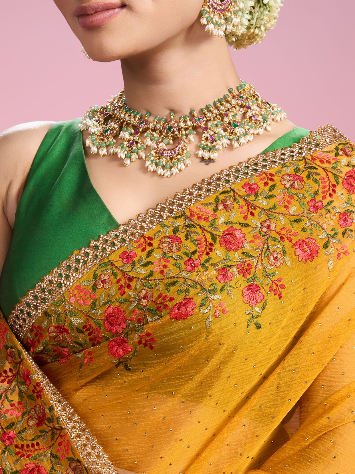 Mohey Women Mustard Yellow Chiffon Saga Saree
