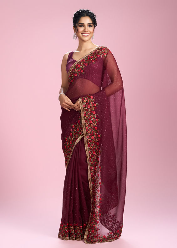 Mohey Women Wine Toned Celebration Saree