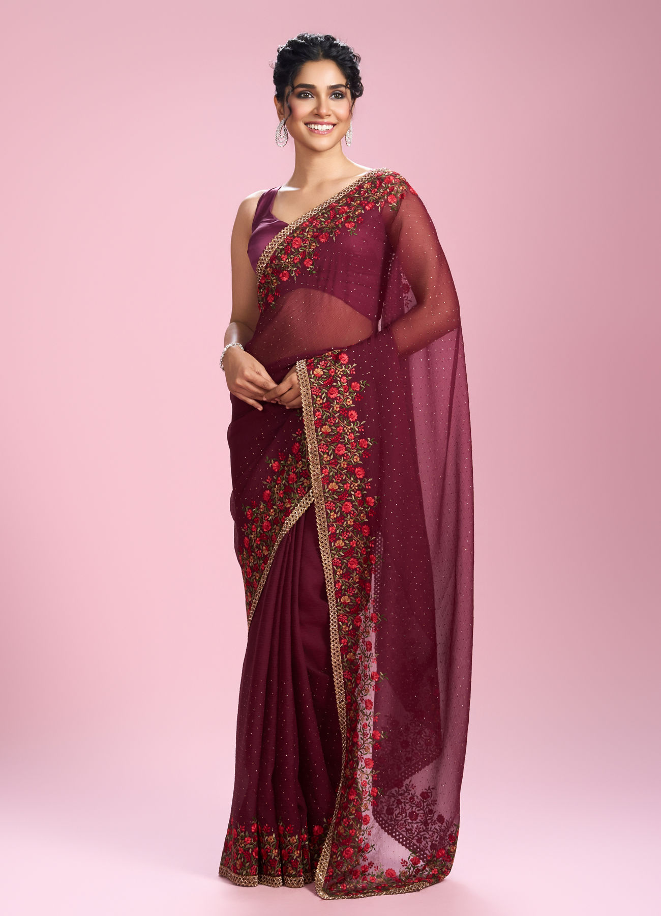 Mohey Women Wine Toned Celebration Saree