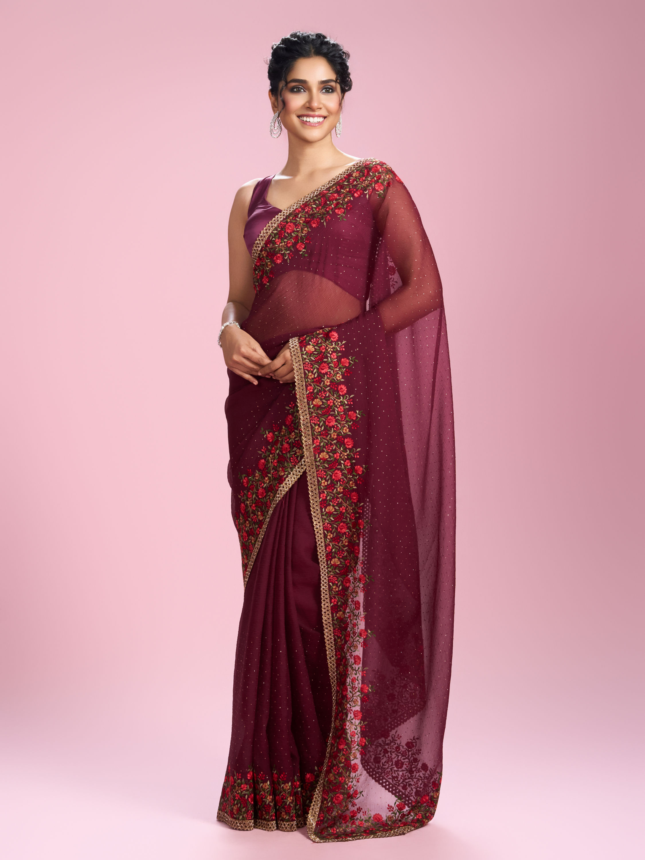 Mohey Women Wine Toned Celebration Saree