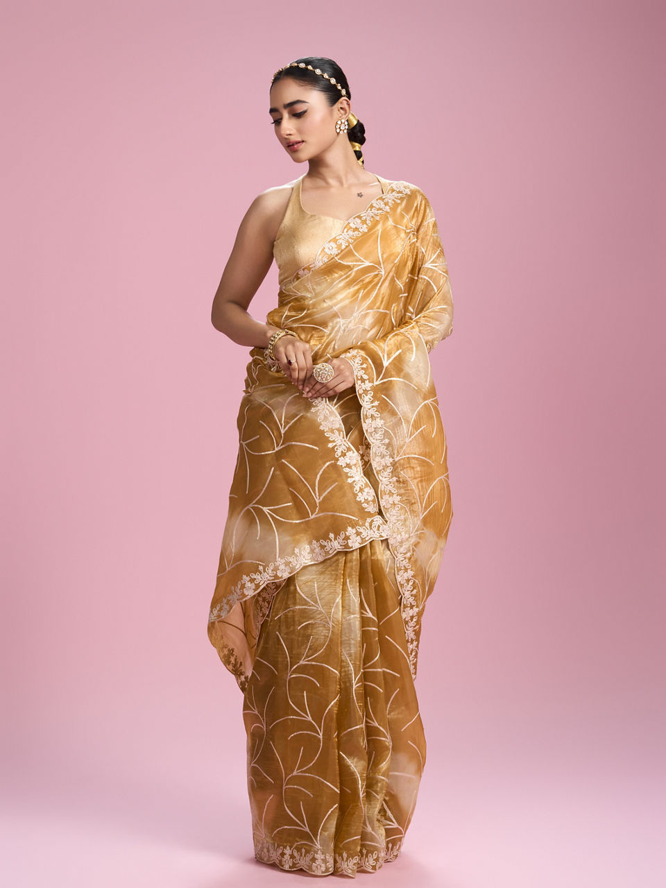 Mohey Women Sun kissed Mustard Yellow Organza Saree