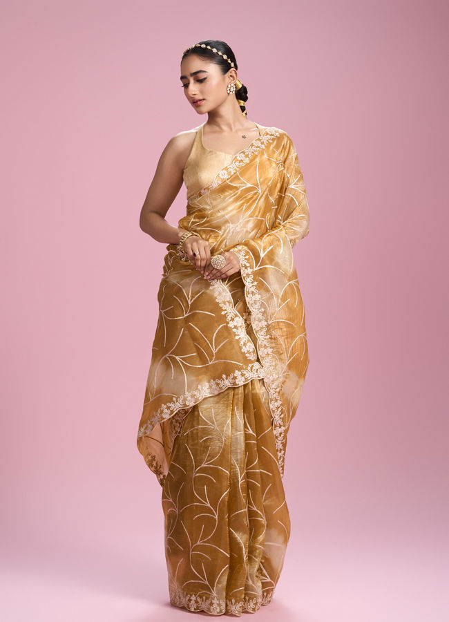 Mohey Women Sun kissed Mustard Yellow Organza Saree