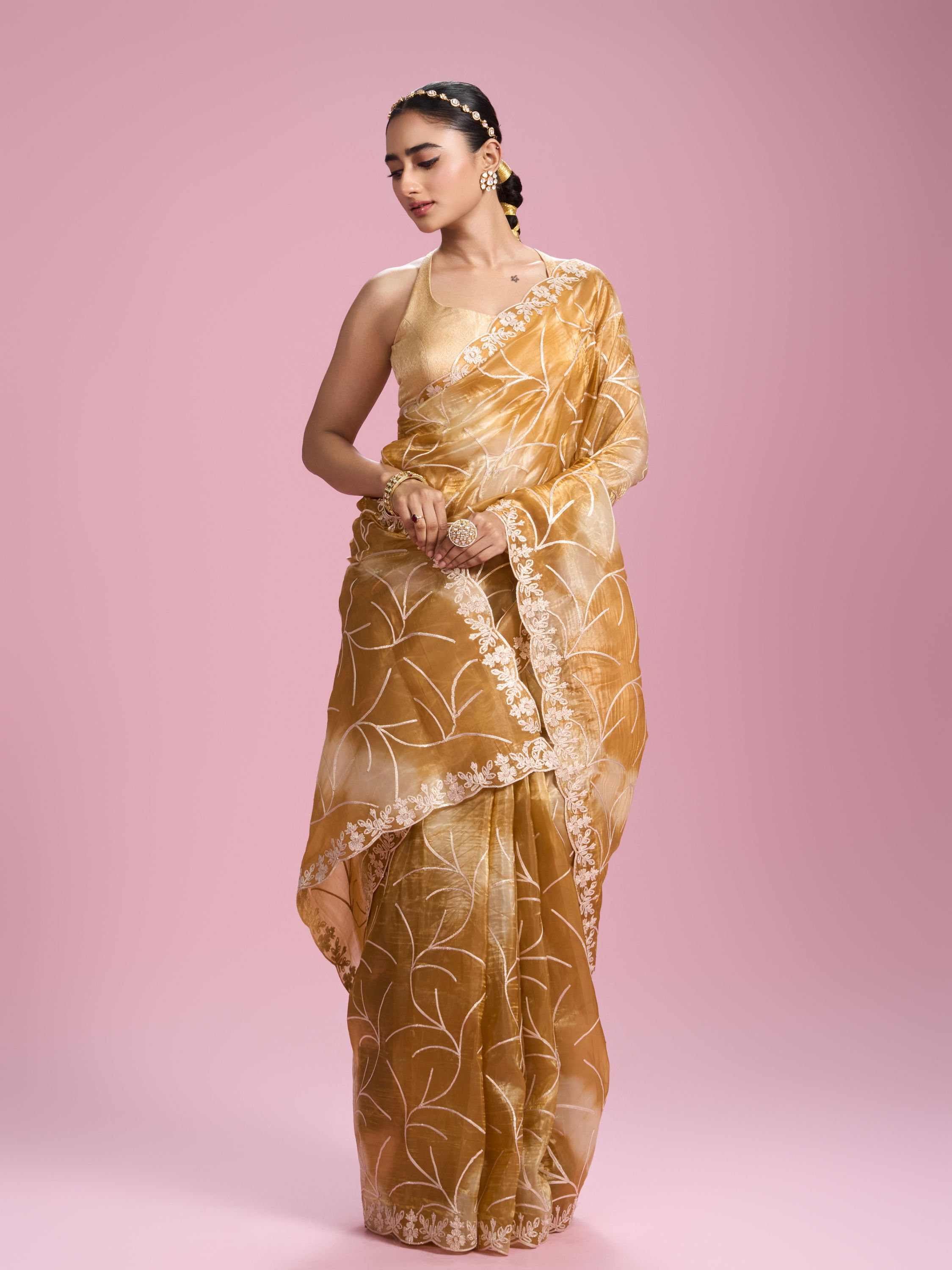 Mohey Women Sun kissed Mustard Yellow Organza Saree