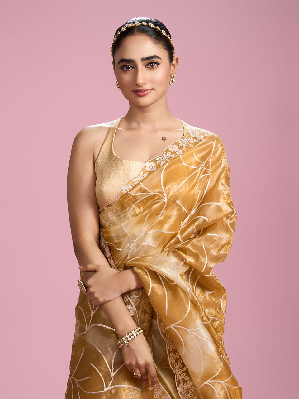 Mohey Women Sun kissed Mustard Yellow Organza Saree