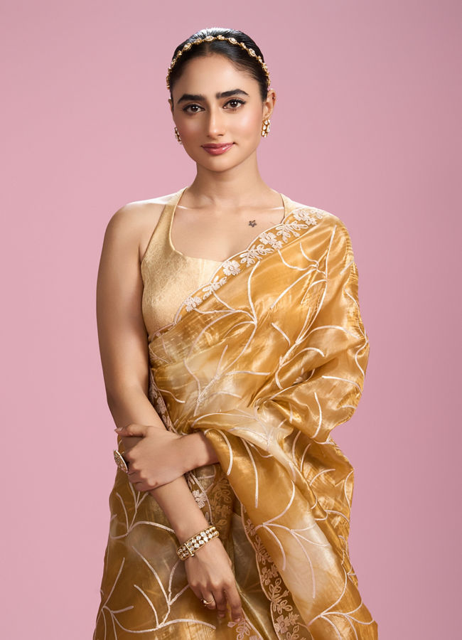 Mohey Women Sun kissed Mustard Yellow Organza Saree