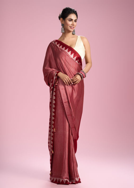 Mohey Women Glamourous Red Satin Saree