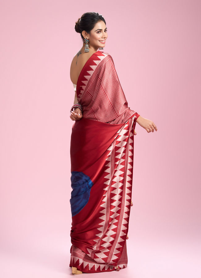 Mohey Women Glamourous Red Satin Saree