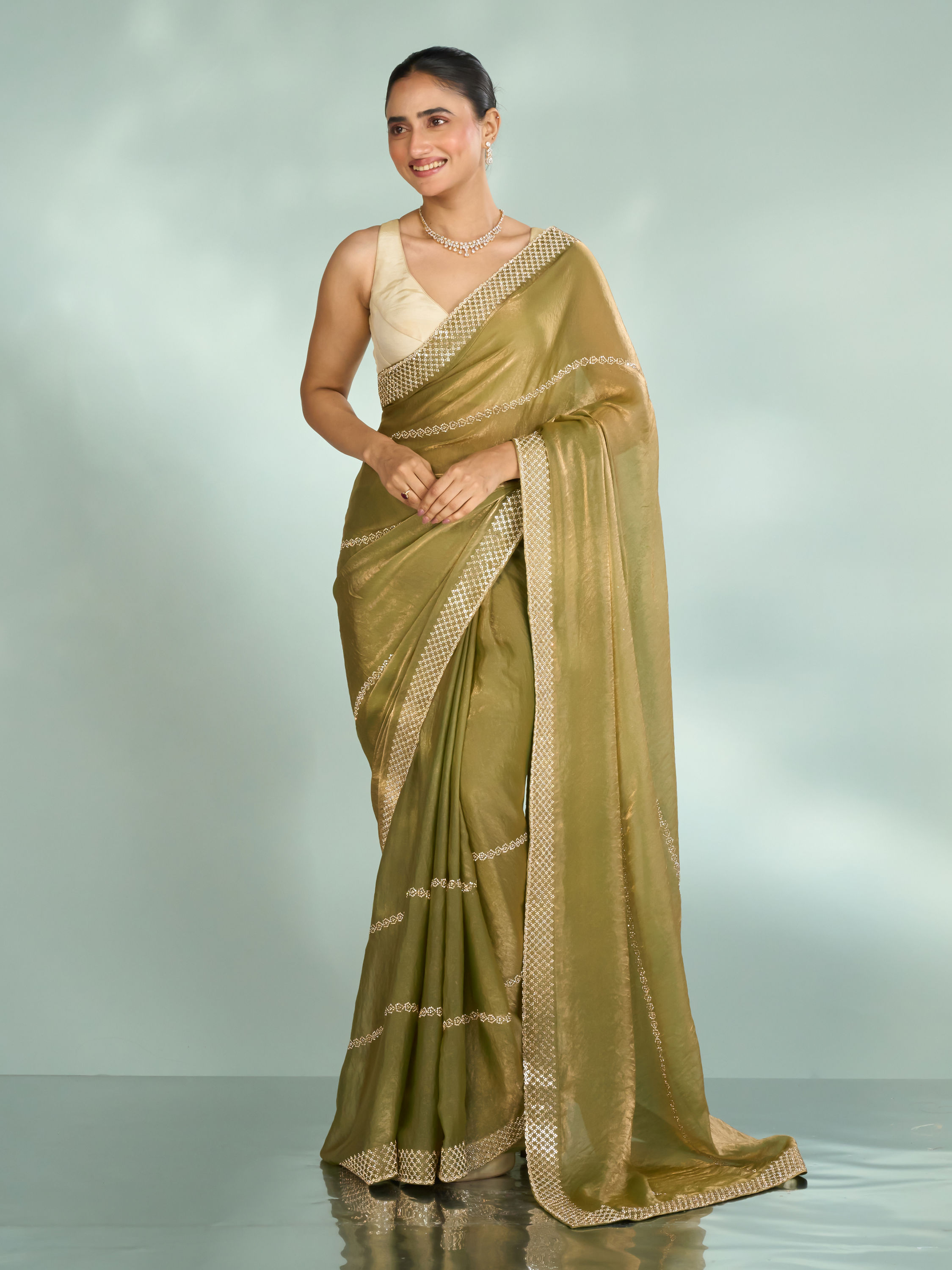 Mohey Women Pista Green Charm Organza Saree