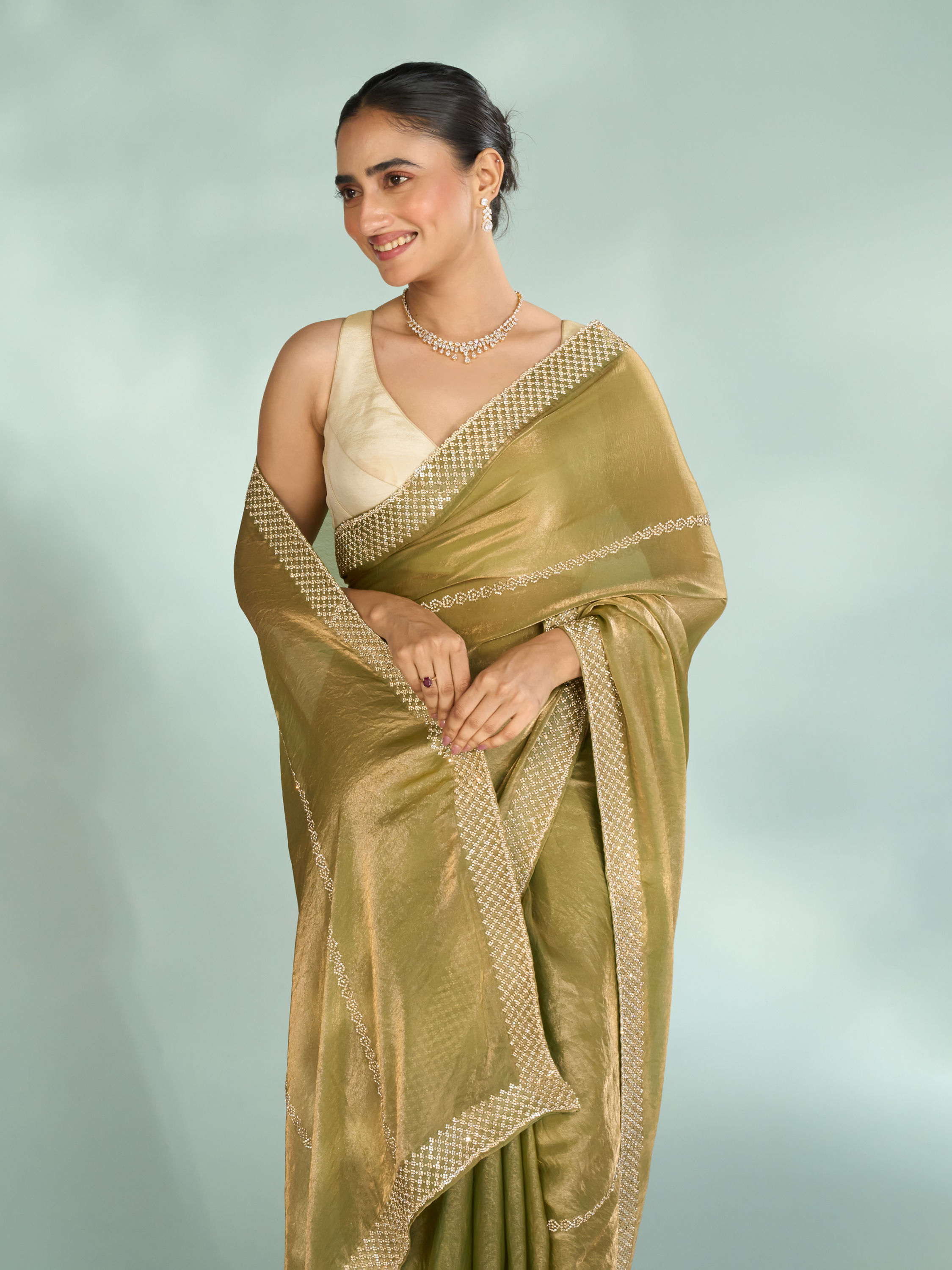 Mohey Women Pista Green Charm Organza Saree