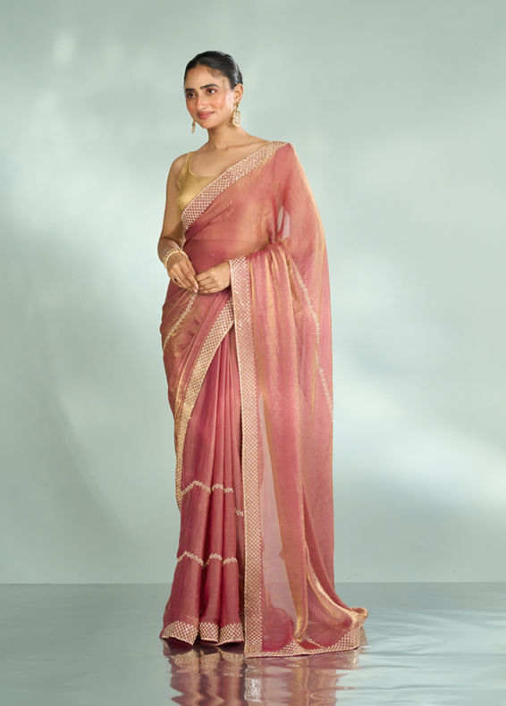 Mohey Women Elegant Pink Organza Saree