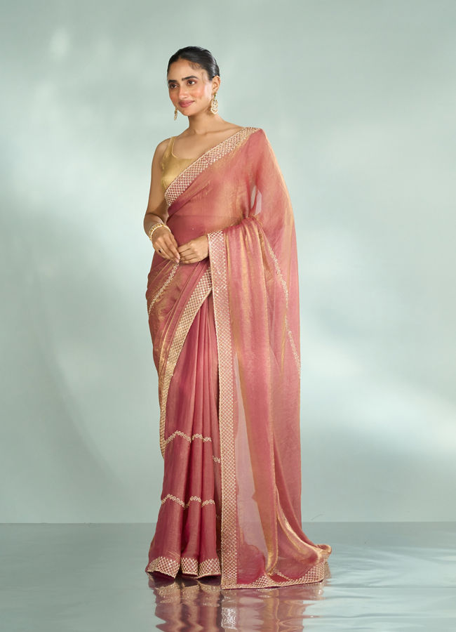 Mohey Women Elegant Pink Organza Saree