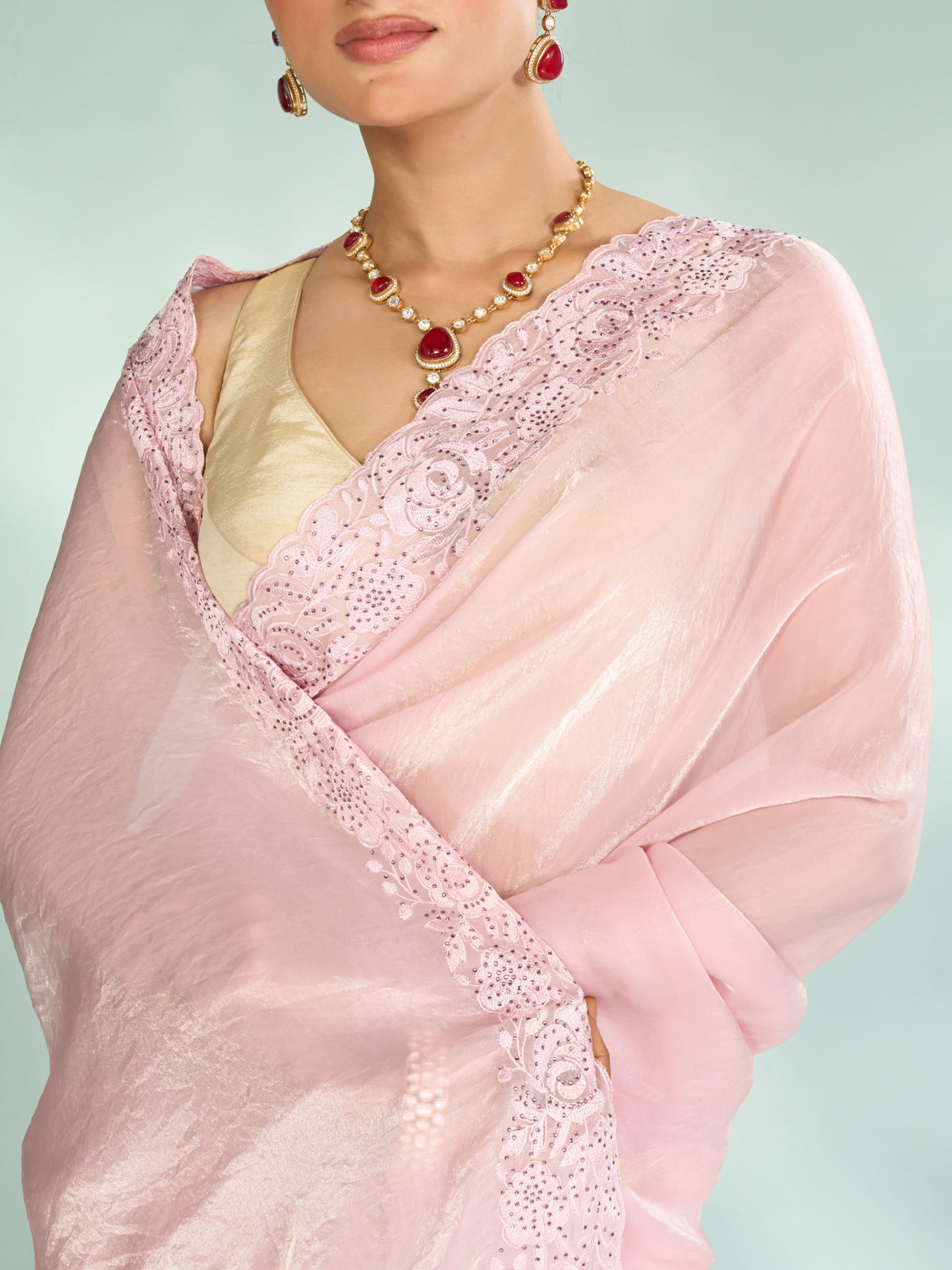 Mohey Women Festive Pink Organza Saree