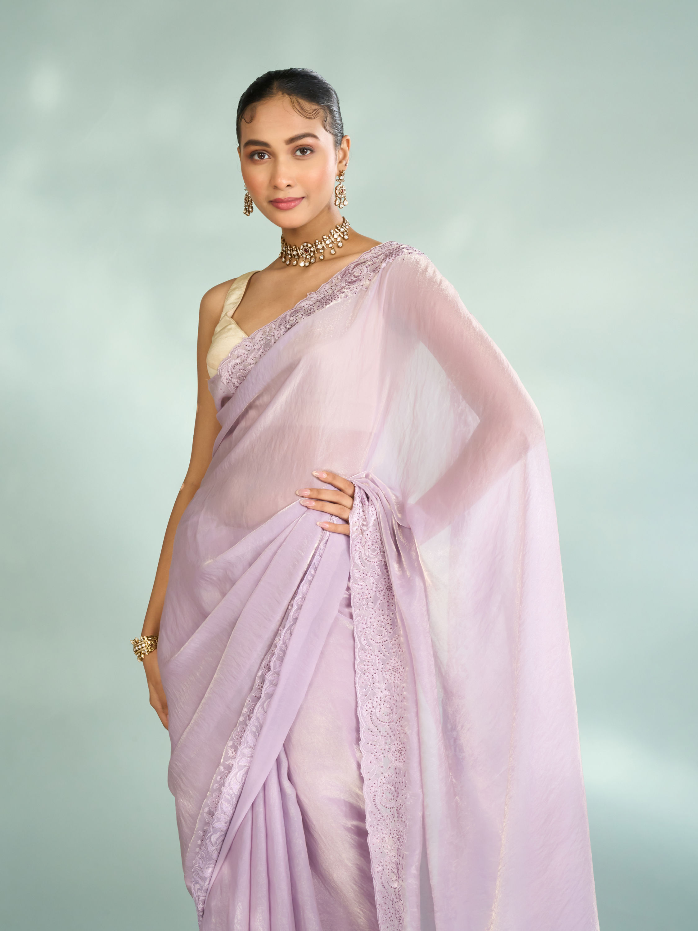 Mohey Women Purple Organza Splendor Saree