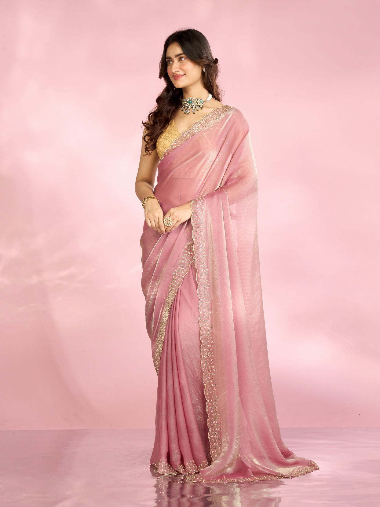 Mohey Women Dusty Pink Organza Saree