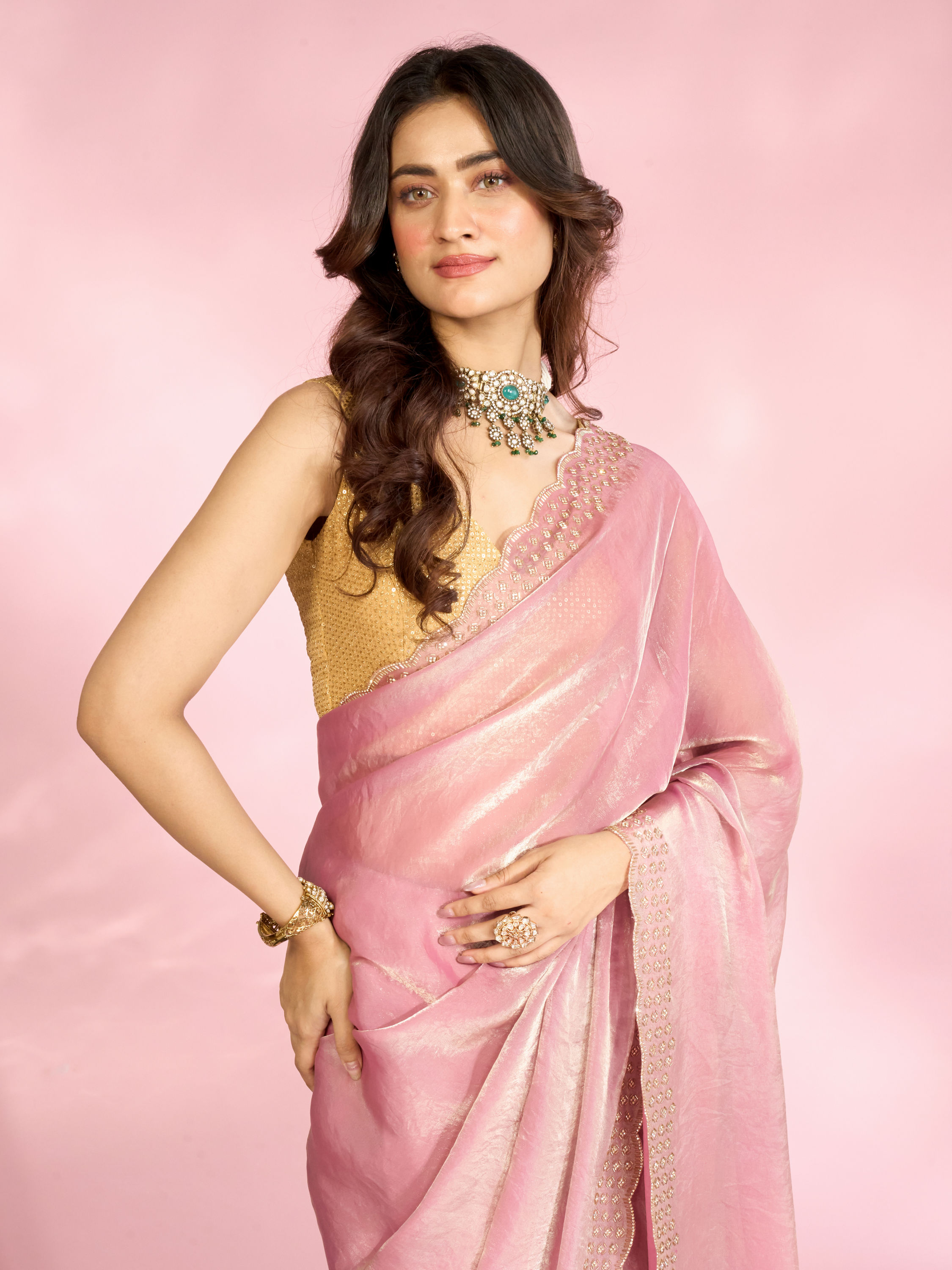 Mohey Women Dusty Pink Organza Saree