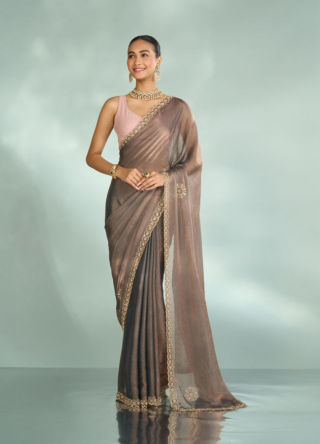Mohey Women Elegant Grey Chinon Saree