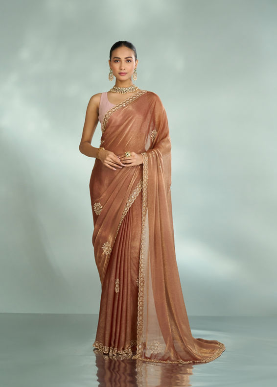 Mohey Women Elegant Rust Red Chinon Saree