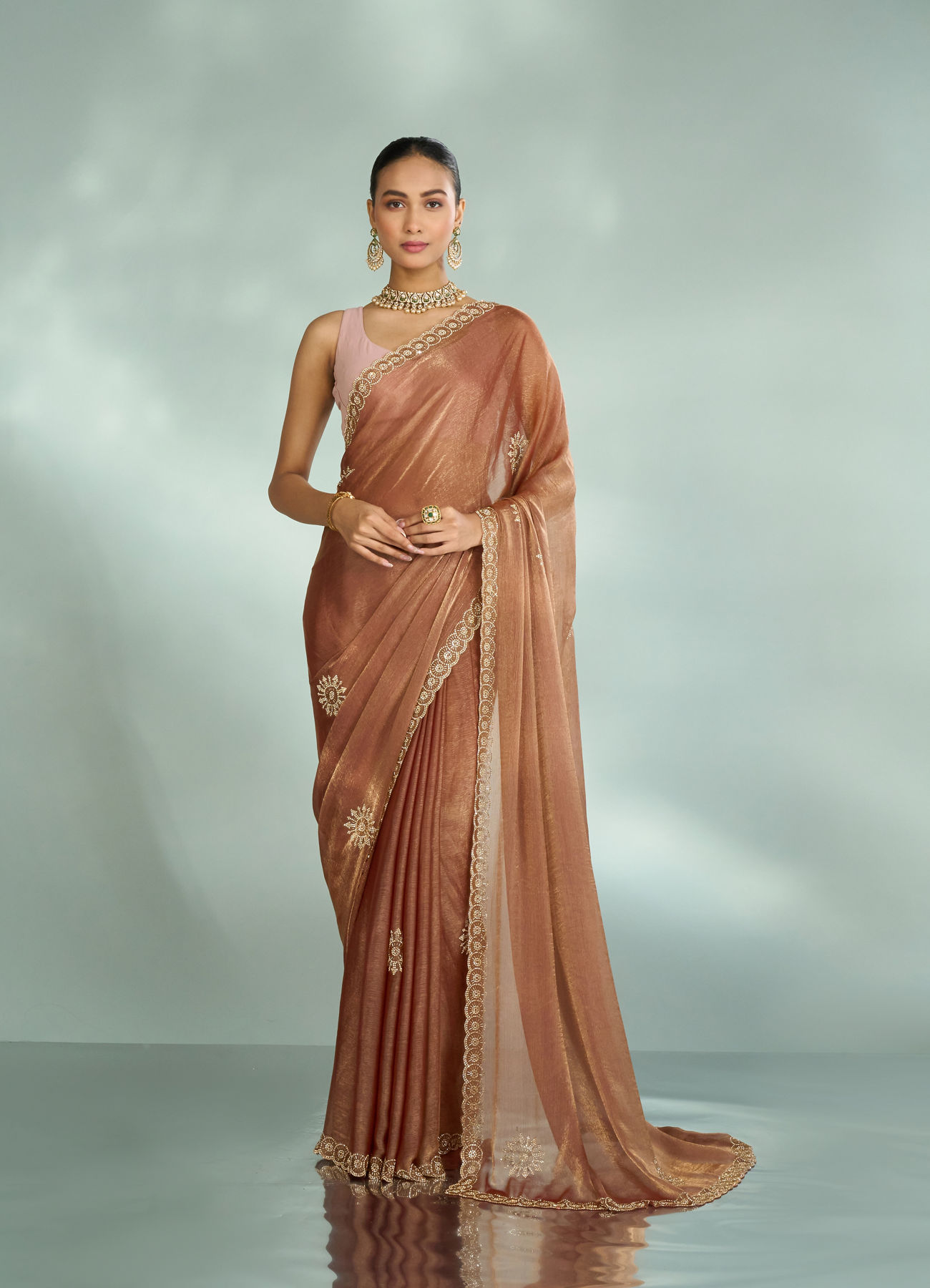 Mohey Women Elegant Rust Red Chinon Saree